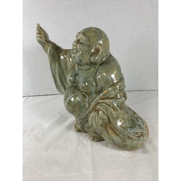 Happy Buddha Pointing Right Green Rare Hotei Smiling Wealth Prosperity Vintage - Picture 6 of 12